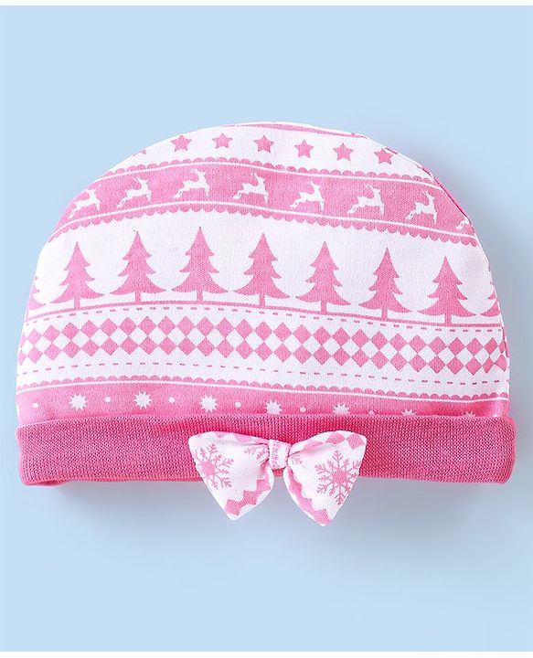 Babyhug 100% Cotton Knit Tree Print Cap Mittens & Booties - Pink