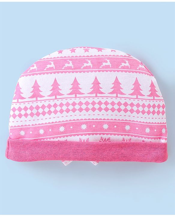 Babyhug 100% Cotton Knit Tree Print Cap Mittens & Booties - Pink