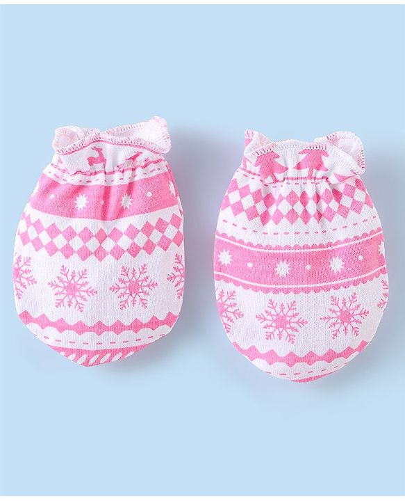 Babyhug 100% Cotton Knit Tree Print Cap Mittens & Booties - Pink