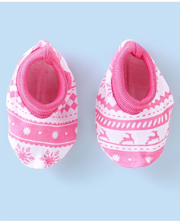 Babyhug 100% Cotton Knit Tree Print Cap Mittens & Booties - Pink