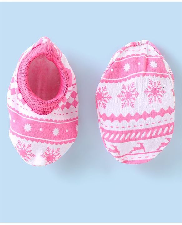 Babyhug 100% Cotton Knit Tree Print Cap Mittens & Booties - Pink