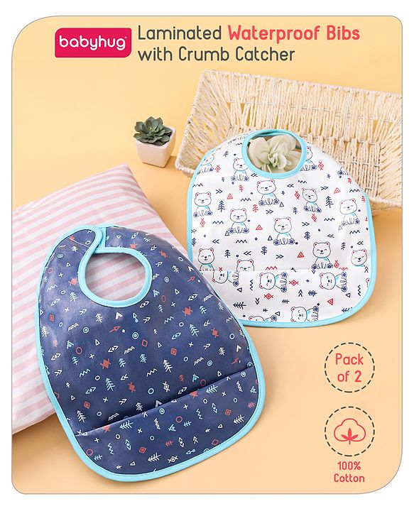 Babyhug 100% Cotton  TPU Lamination Waterproof Bibs with Crumb Catcher Teddy Print Pack of 2- Blue & White