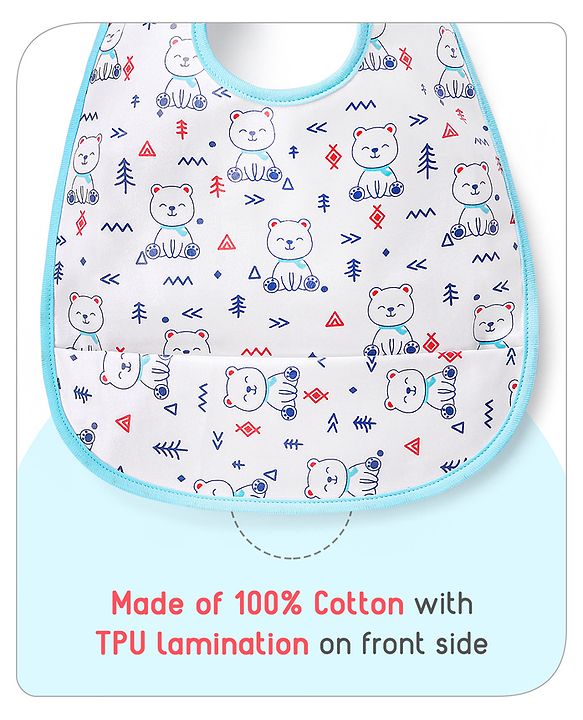 Babyhug 100% Cotton  TPU Lamination Waterproof Bibs with Crumb Catcher Teddy Print Pack of 2- Blue & White