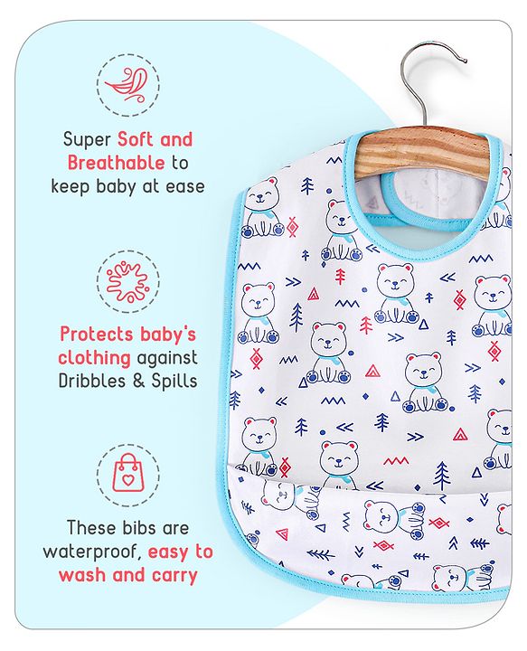 Babyhug 100% Cotton  TPU Lamination Waterproof Bibs with Crumb Catcher Teddy Print Pack of 2- Blue & White