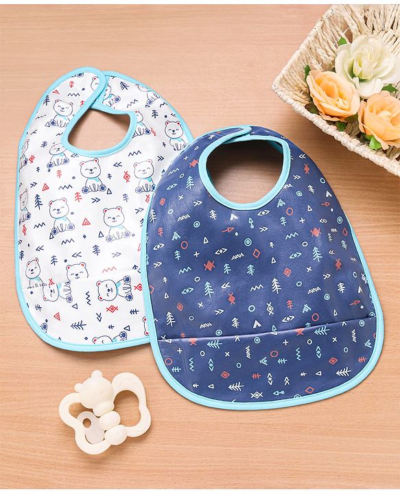 Babyhug 100% Cotton  TPU Lamination Waterproof Bibs with Crumb Catcher Teddy Print Pack of 2- Blue & White