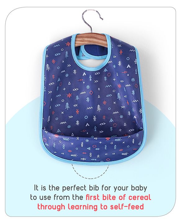 Babyhug 100% Cotton  TPU Lamination Waterproof Bibs with Crumb Catcher Teddy Print Pack of 2- Blue & White