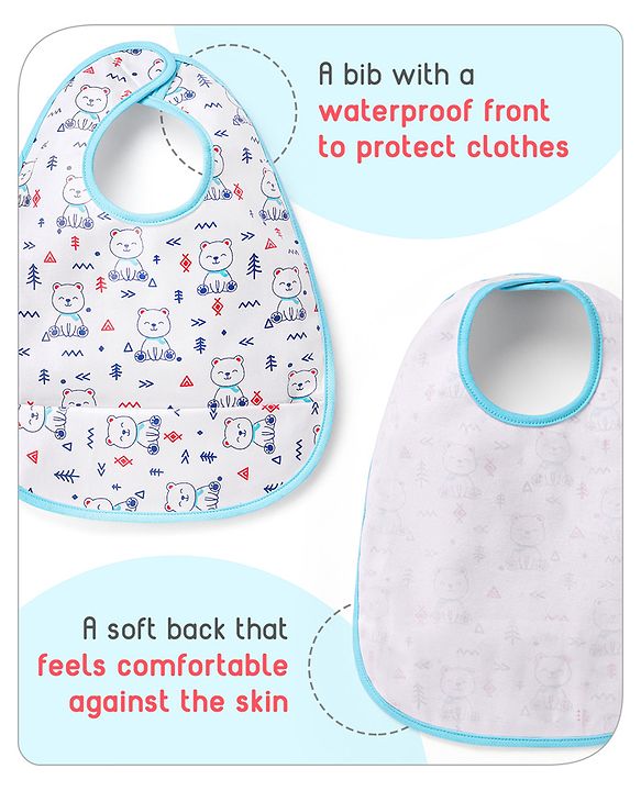 Babyhug 100% Cotton  TPU Lamination Waterproof Bibs with Crumb Catcher Teddy Print Pack of 2- Blue & White