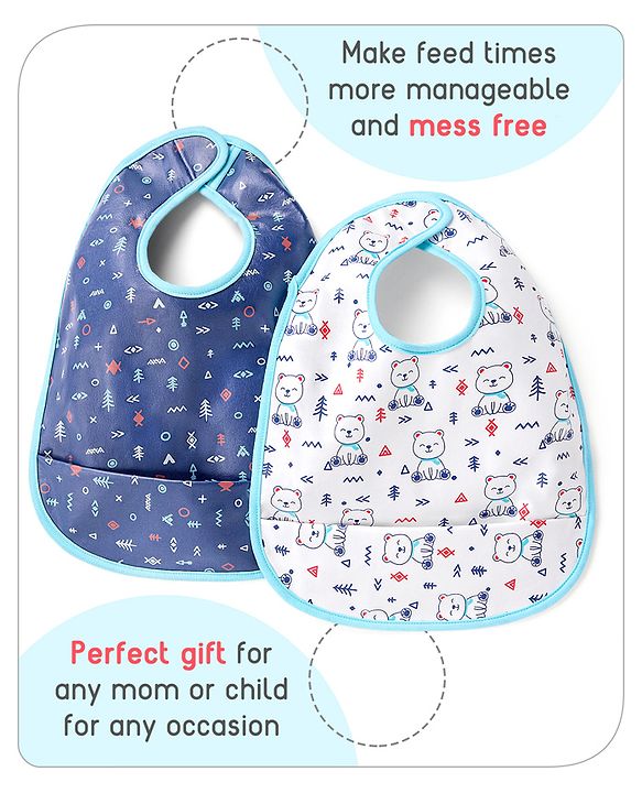 Babyhug 100% Cotton  TPU Lamination Waterproof Bibs with Crumb Catcher Teddy Print Pack of 2- Blue & White