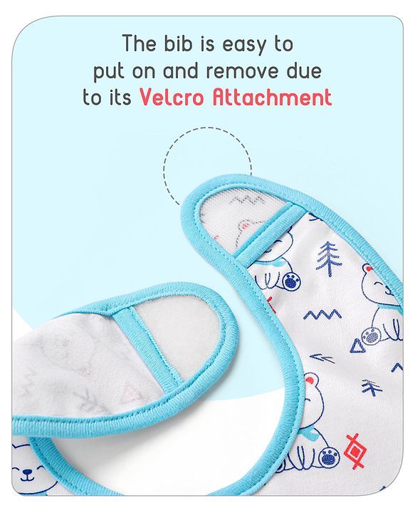 Babyhug 100% Cotton  TPU Lamination Waterproof Bibs with Crumb Catcher Teddy Print Pack of 2- Blue & White