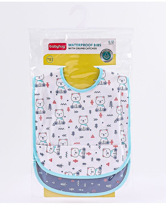 Babyhug 100% Cotton  TPU Lamination Waterproof Bibs with Crumb Catcher Teddy Print Pack of 2- Blue & White
