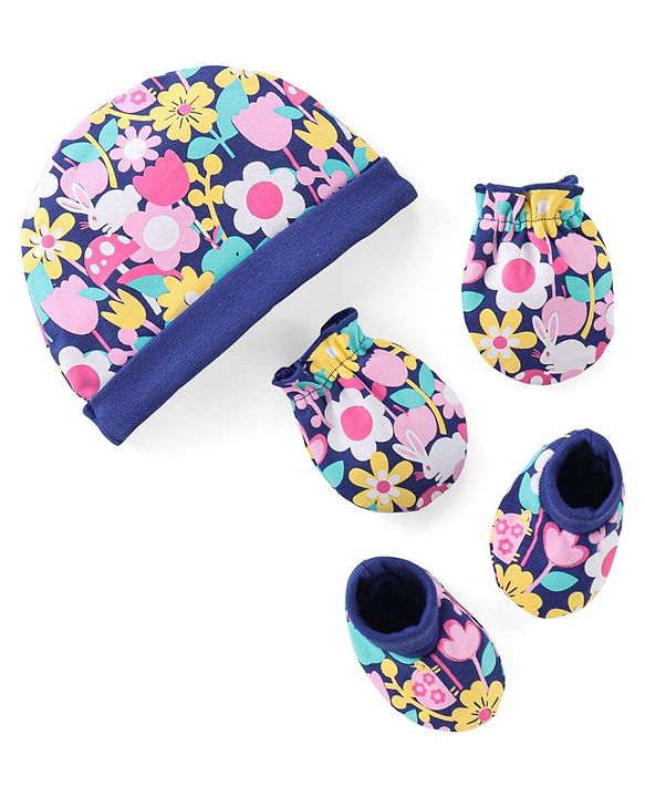 Babyhug 100% Cotton Knit Cap Mittens & Booties Set Floral Print- Navy Blue