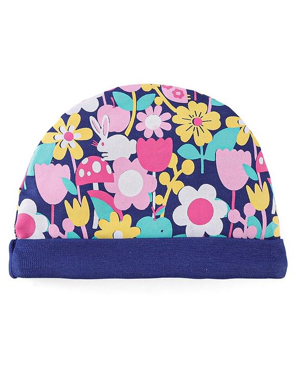 Babyhug 100% Cotton Knit Cap Mittens & Booties Set Floral Print- Navy Blue