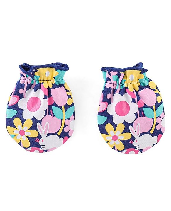 Babyhug 100% Cotton Knit Cap Mittens & Booties Set Floral Print- Navy Blue