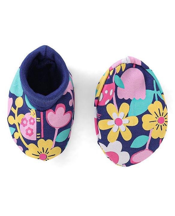 Babyhug 100% Cotton Knit Cap Mittens & Booties Set Floral Print- Navy Blue