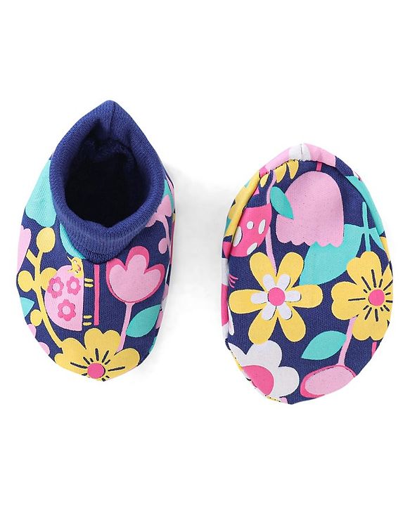 Babyhug 100% Cotton Knit Cap Mittens & Booties Set Floral Print- Navy Blue