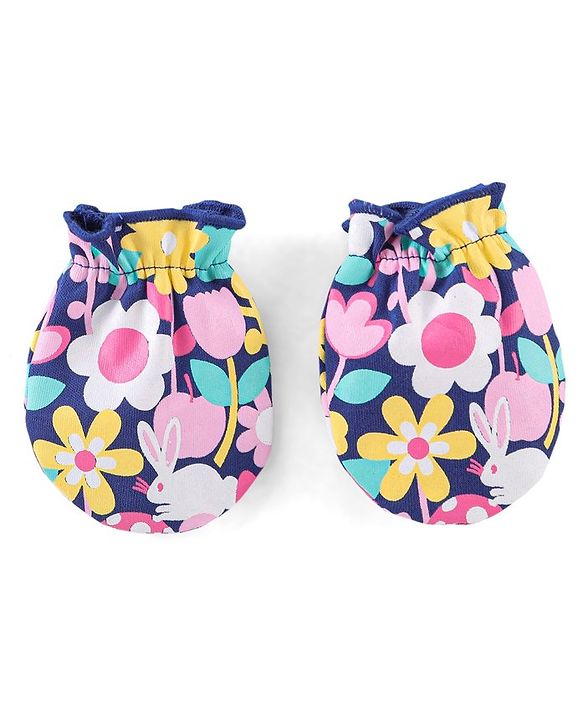 Babyhug 100% Cotton Knit Cap Mittens & Booties Set Floral Print- Navy Blue