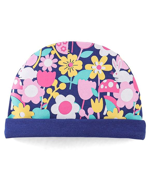Babyhug 100% Cotton Knit Cap Mittens & Booties Set Floral Print- Navy Blue