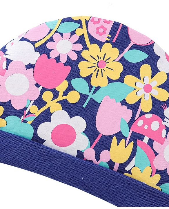 Babyhug 100% Cotton Knit Cap Mittens & Booties Set Floral Print- Navy Blue