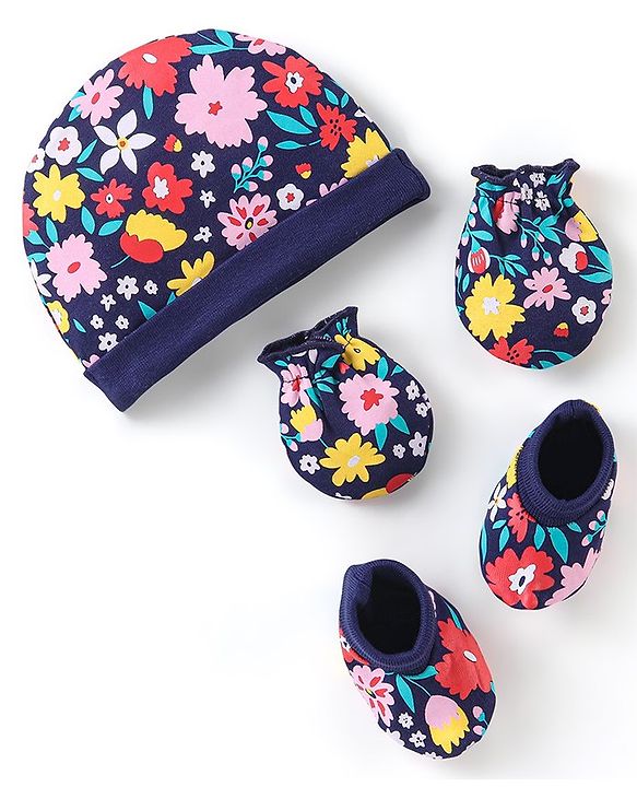 Babyhug 100% Cotton Knit Floral Print Cap Mittens & Booties - Navy Blue