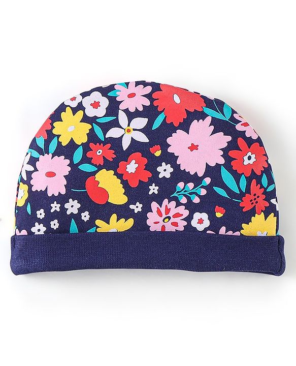 Babyhug 100% Cotton Knit Floral Print Cap Mittens & Booties - Navy Blue