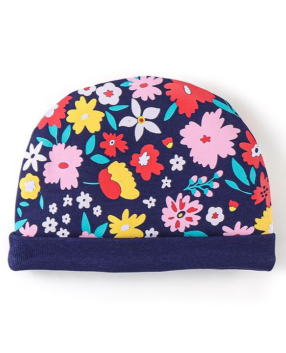 Babyhug 100% Cotton Knit Floral Print Cap Mittens & Booties - Navy Blue