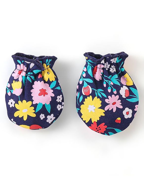 Babyhug 100% Cotton Knit Floral Print Cap Mittens & Booties - Navy Blue