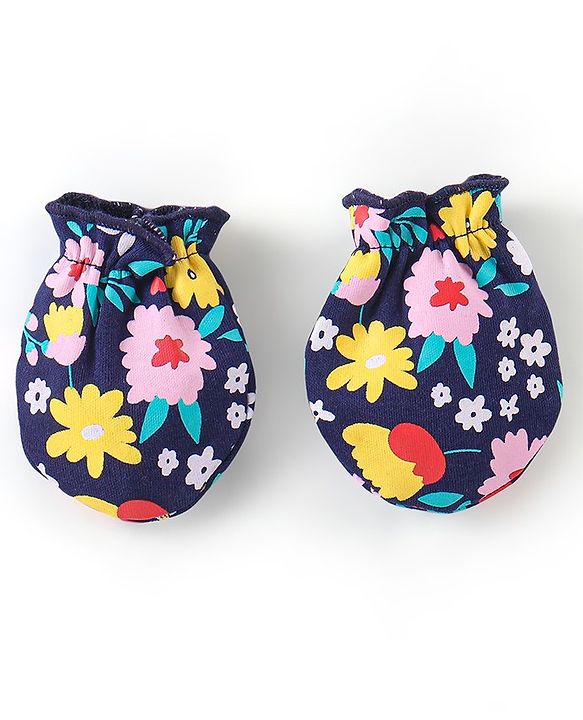 Babyhug 100% Cotton Knit Floral Print Cap Mittens & Booties - Navy Blue