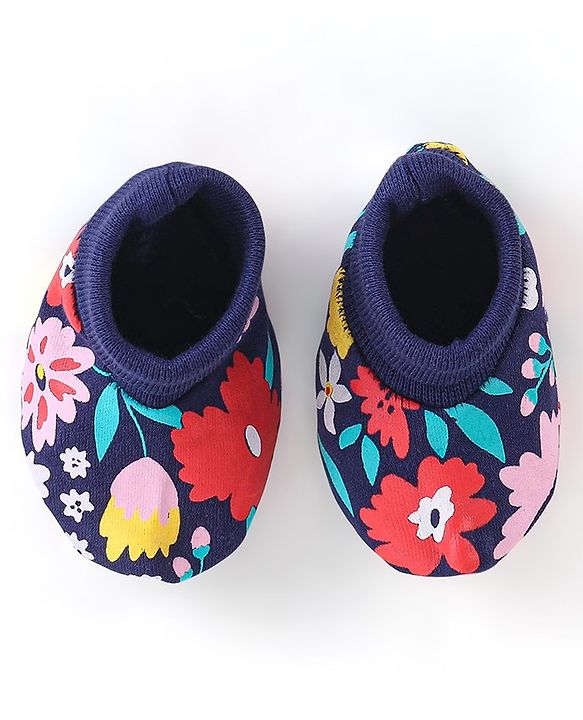 Babyhug 100% Cotton Knit Floral Print Cap Mittens & Booties - Navy Blue
