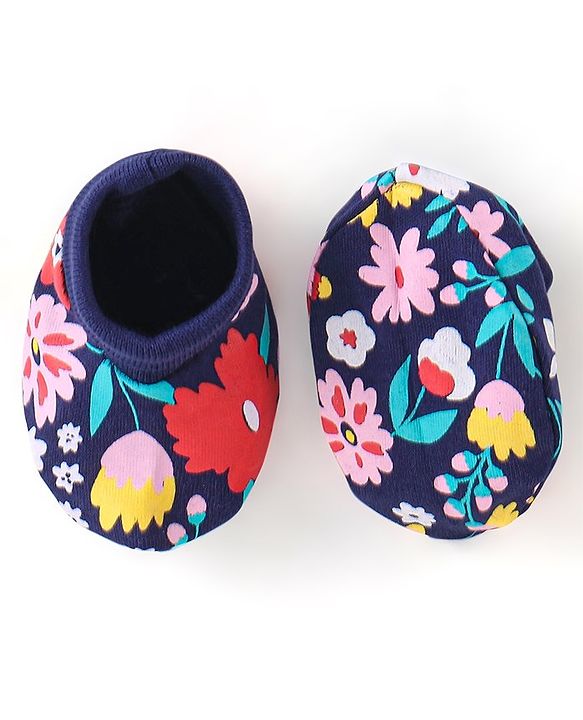 Babyhug 100% Cotton Knit Floral Print Cap Mittens & Booties - Navy Blue
