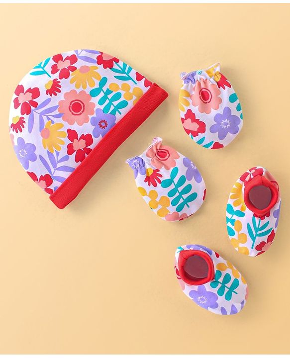 Babyhug 100% Cotton Knit Cap Mittens & Booties Set with Floral Print - Red