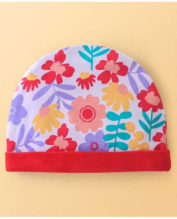 Babyhug 100% Cotton Knit Cap Mittens & Booties Set with Floral Print - Red