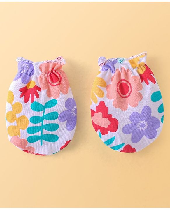 Babyhug 100% Cotton Knit Cap Mittens & Booties Set with Floral Print - Red