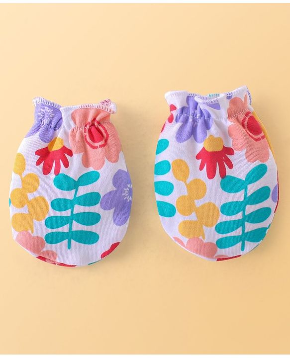 Babyhug 100% Cotton Knit Cap Mittens & Booties Set with Floral Print - Red