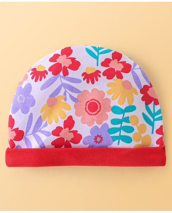 Babyhug 100% Cotton Knit Cap Mittens & Booties Set with Floral Print - Red