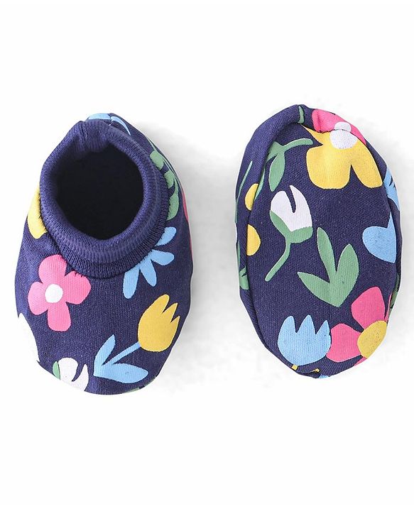 Babyhug 100% Cotton Knit Cap Mittens & Booties Set Floral Print - Navy Blue