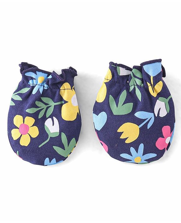 Babyhug 100% Cotton Knit Cap Mittens & Booties Set Floral Print - Navy Blue
