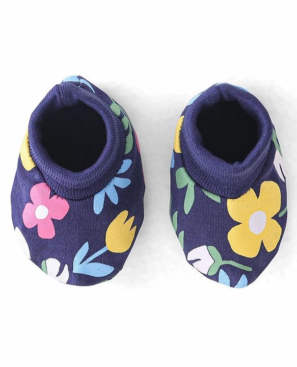Babyhug 100% Cotton Knit Cap Mittens & Booties Set Floral Print - Navy Blue