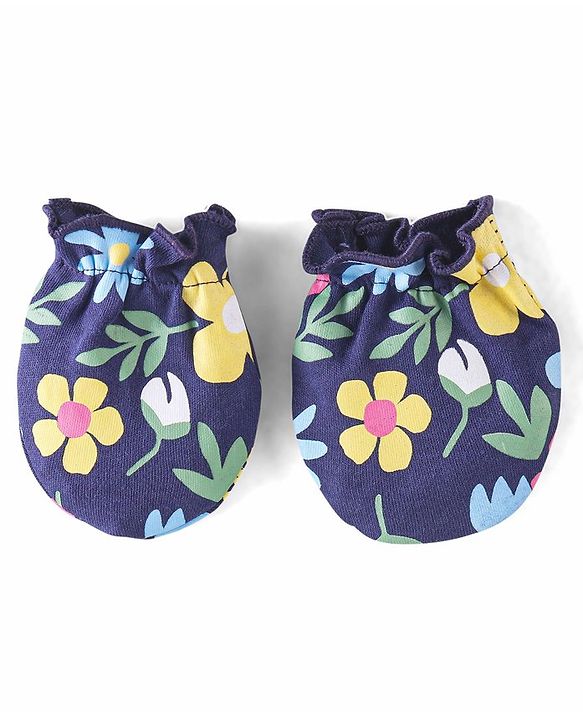 Babyhug 100% Cotton Knit Cap Mittens & Booties Set Floral Print - Navy Blue
