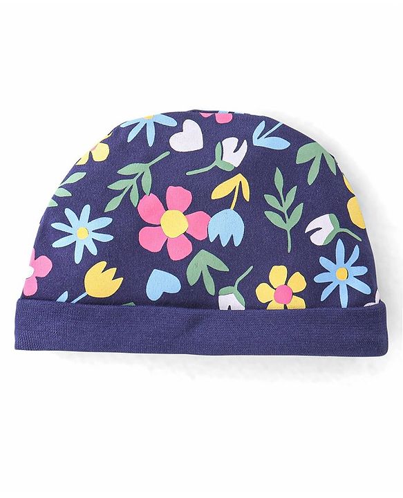Babyhug 100% Cotton Knit Cap Mittens & Booties Set Floral Print - Navy Blue