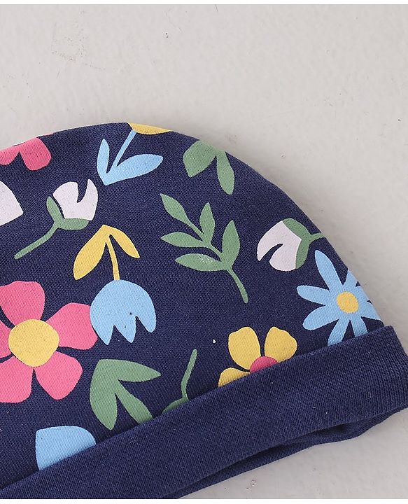 Babyhug 100% Cotton Knit Cap Mittens & Booties Set Floral Print - Navy Blue