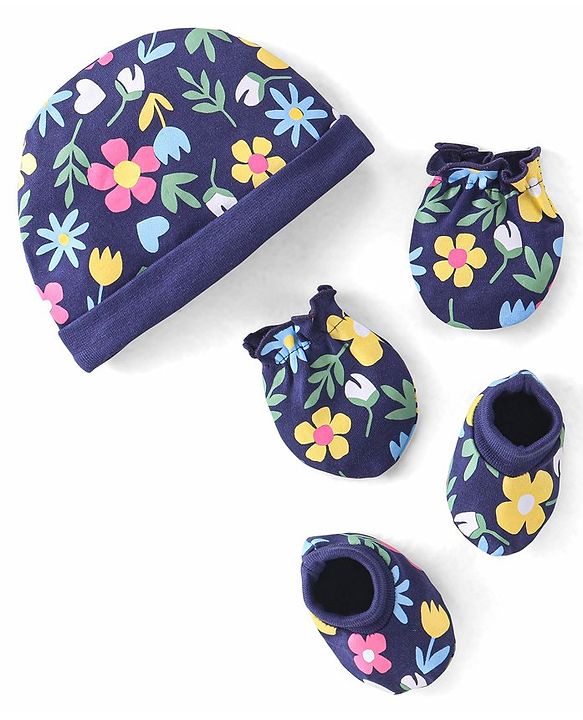 Babyhug 100% Cotton Knit Cap Mittens & Booties Set Floral Print - Navy Blue