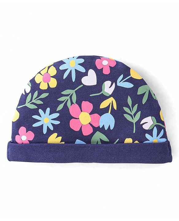 Babyhug 100% Cotton Knit Cap Mittens & Booties Set Floral Print - Navy Blue