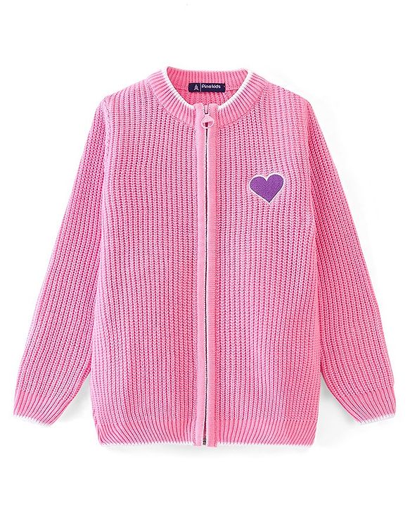 Pine Kids Fine Knit Full Sleeves Zipper Sweater With Heart Embroidery - Pink