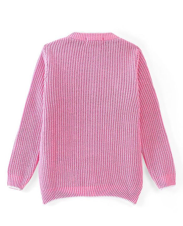 Pine Kids Fine Knit Full Sleeves Zipper Sweater With Heart Embroidery - Pink
