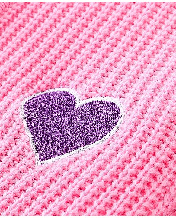 Pine Kids Fine Knit Full Sleeves Zipper Sweater With Heart Embroidery - Pink