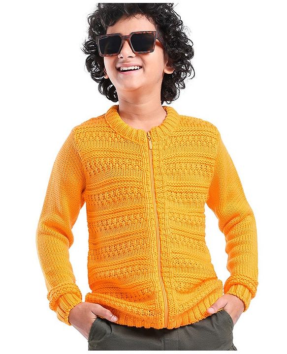 Pine Kids Full Sleeves Front Zipper Cable Knit Sweater - Mustard