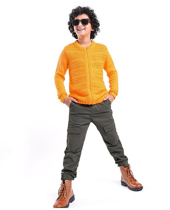 Pine Kids Full Sleeves Front Zipper Cable Knit Sweater - Mustard
