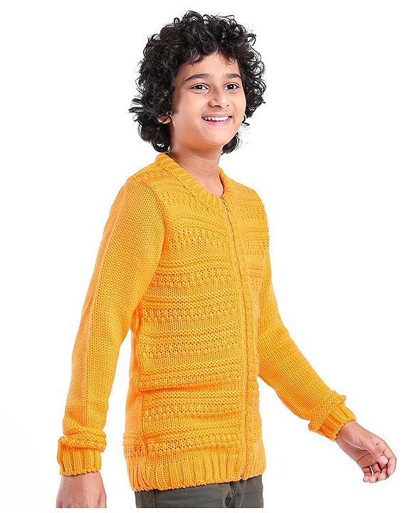 Pine Kids Full Sleeves Front Zipper Cable Knit Sweater - Mustard