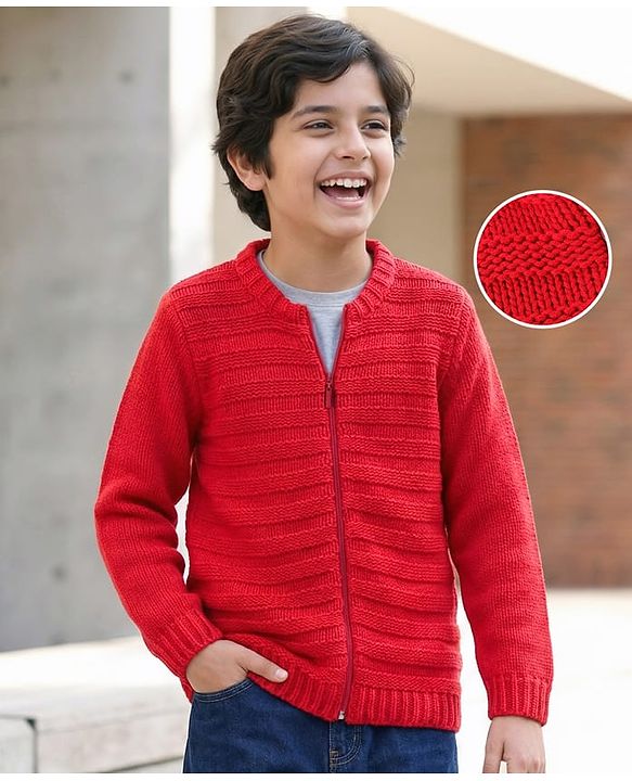 Pine Kids Full Sleeves Front Zipper Cable Knit Sweater  - Red