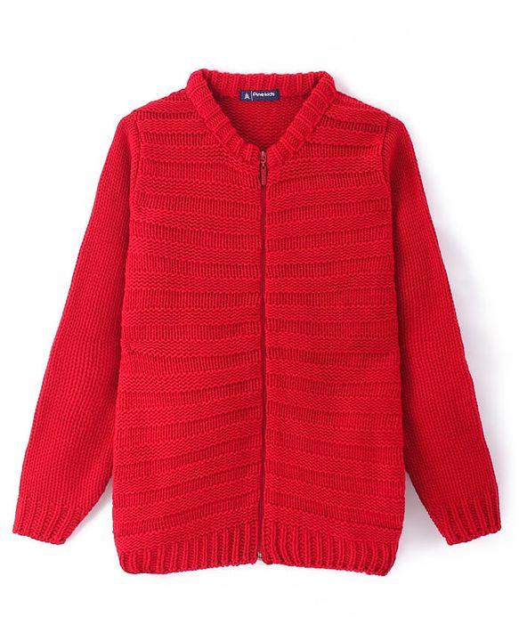 Pine Kids Full Sleeves Front Zipper Cable Knit Sweater  - Red